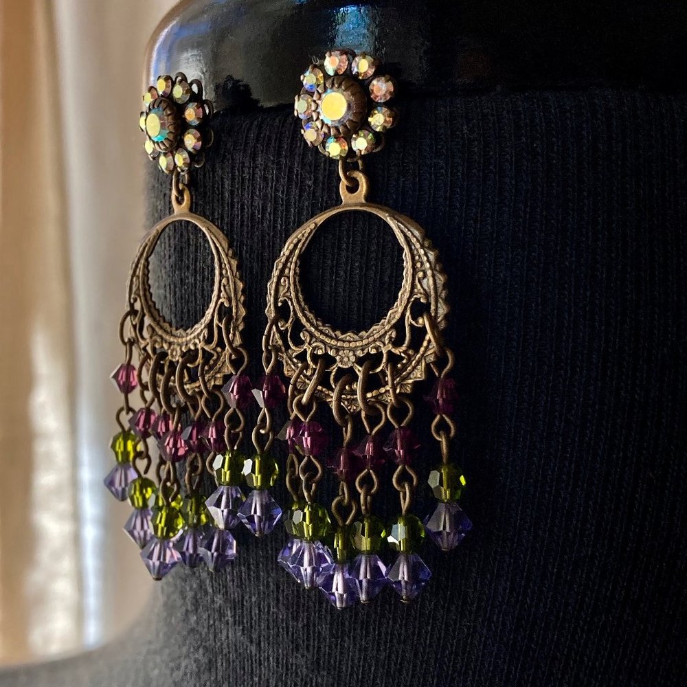 Vintage Chandelier Earrings. Filigree Brass. Faceted Color Glass.AB Rhinestones.